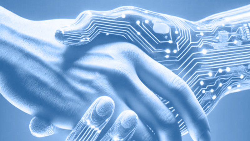8 Hybrid Leadership Competencies Handshake between a human and a digital hand
